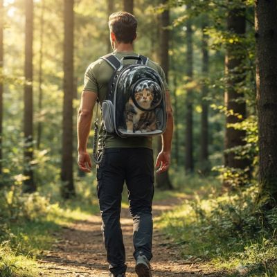 Sac à dos chat noir pour randonnée en forêt ensoleillée