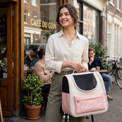 Sac à dos chat rose et blanc tenu par une femme devant un café.

