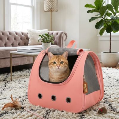Sac à dos chat rose sur un tapis de salon avec un chat
