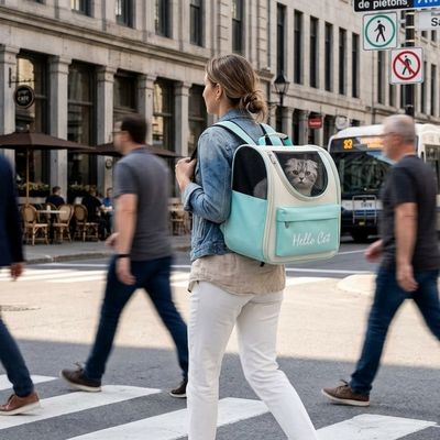 Sac à dos chat turquoise sur une femme traversant un passage.
