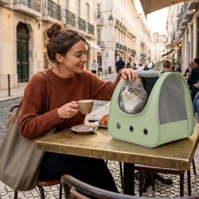 Sac à dos chat vert au café avec une femme et son chat


