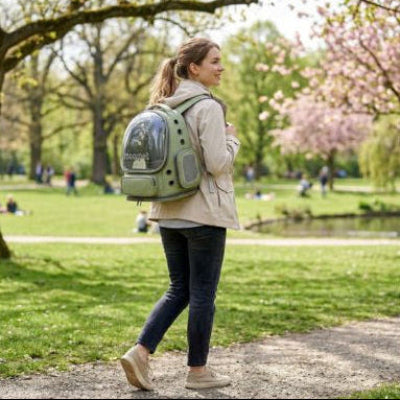 Sac à dos chat vert avec hublot porté par une femme marchant dans un parc



