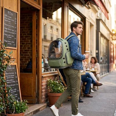 Sac à dos chat vert kaki avec bulle transparente porté par un homme devant un café
