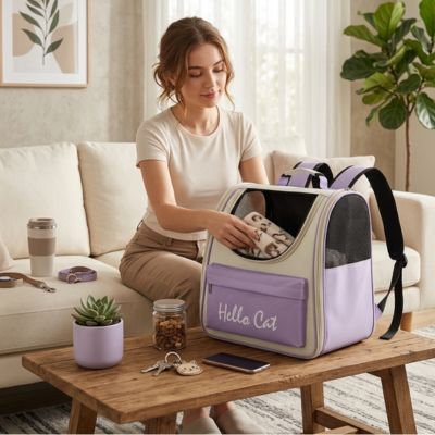 Sac à dos chat violet préparé par une femme au salon. 

