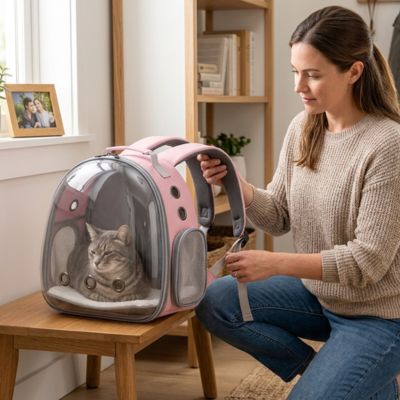 Sac à dos chats avec hublot sur une table d'appoint en bois. 
