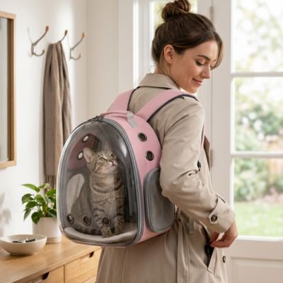 Sac à dos chats rose avec hublot porté dans une entrée.