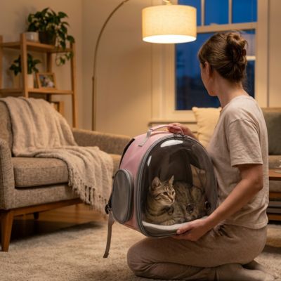 Sac à dos chats rose posé au sol dans un salon. 