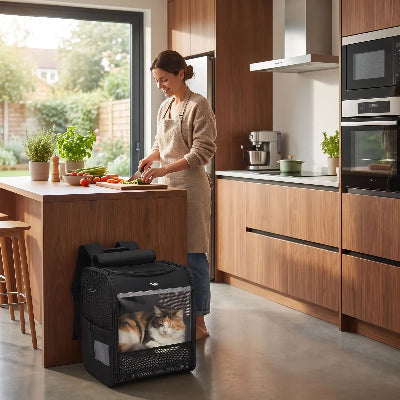 Sac à dos de transport pour chat au sol dans la cuisine. 
