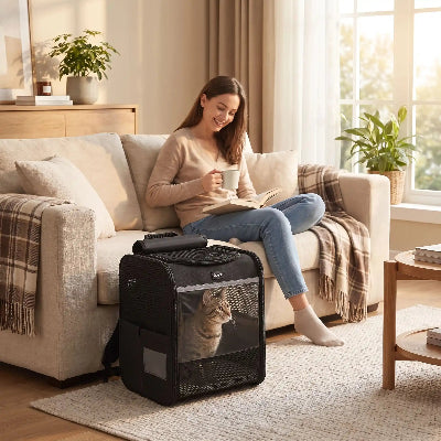 Sac à dos de transport pour chat près d'un canapé.
