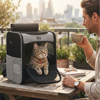 Sac à dos de transport pour chat sur une table de balcon avec propriétaire.