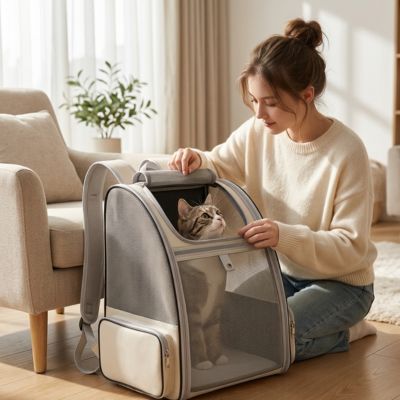 Sac à dos pour chat adulte beige avec une femme au salon. 


