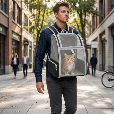 Sac à dos pour chat adulte noir avec un homme en ville. 

