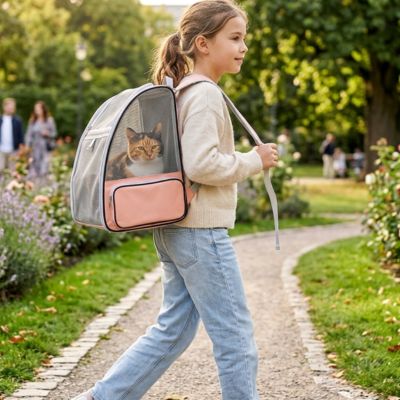 Sac à dos pour chat adulte rose avec une fille au parc. 

