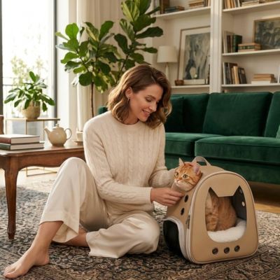 Sac à dos pour chat beige posé au salon.
