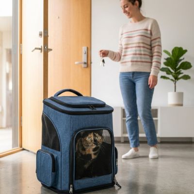 Sac à dos pour transport chat bleu avec félin visible.
