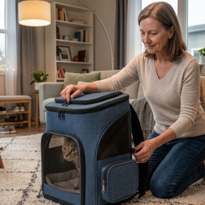 Sac à dos pour transport chat bleu près d'une femme à domicile.