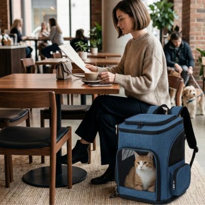 Sac à dos pour transport chat bleu près d'une femme dans un café.