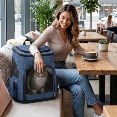 Sac à dos pour transport chat bleu près d'une femme sur un canapé.