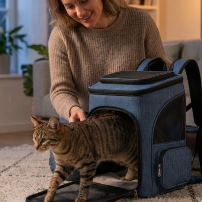 Sac à dos pour transport chat bleu sort un félin.
