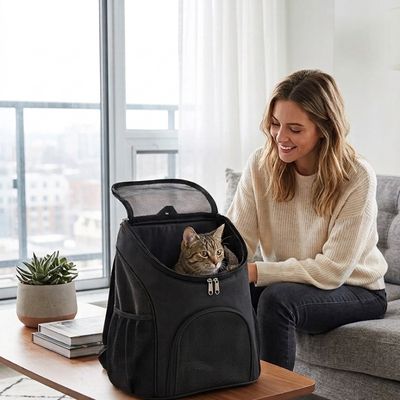 Sac à dos transport chat dans un salon avec femme.
