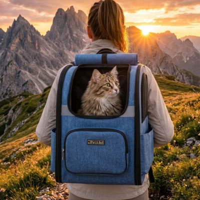 Sac à dos transport chat ergonomique respirant pour randonnée bleu et gris.