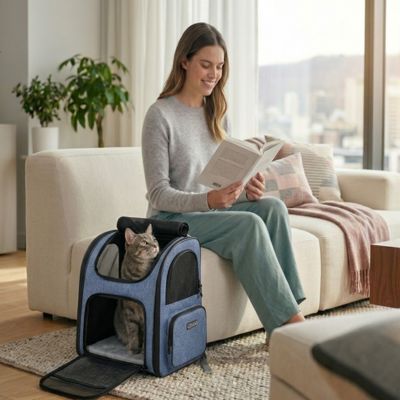Sac à dos transport chat intérieur ergonomique confortable lavable bleu et gris.
