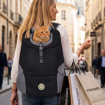 Sac à dos transport chat noir avec chat roux en shopping
