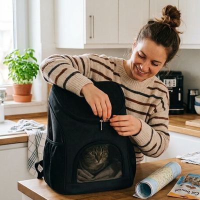 Sac à dos transport chat préparé par une femme dans sa cuisine. 