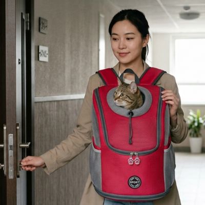 Sac à dos transport chat rouge porté par femme au couloir.

