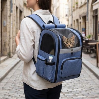 Sac à dos voyage chat ergonomique urbain respirant lavable bleu et gris.
