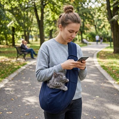 Sac de transport chat bandoulière bleu marine dans un parc.