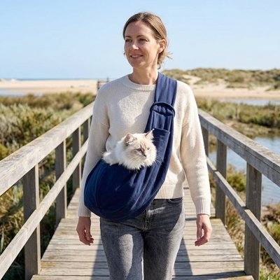 Sac de transport chat bandoulière bleu marine sur ponton bois.