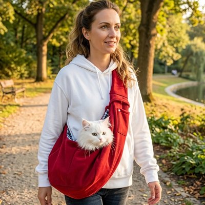 Sac de transport chat bandoulière rouge dans un parc public. 