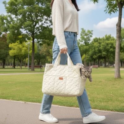 Sac de transport chat chic couleur crème porté en bandoulière.