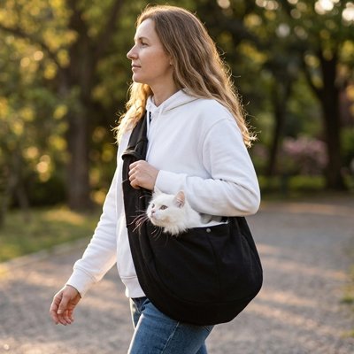 Sac de transport chat écharpe noir avec félin blanc.