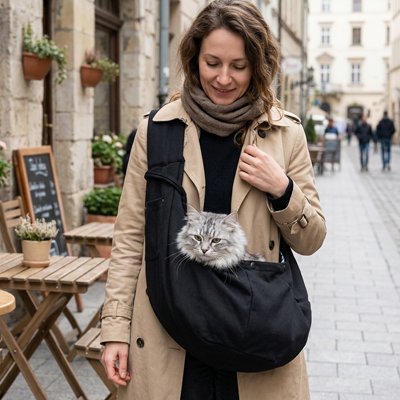 Sac de transport chat écharpe noir avec félin tigré gris.