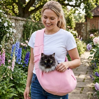 Sac de transport chat écharpe rose pastel avec félin. 