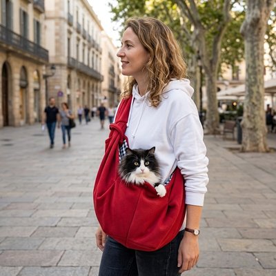 Sac de transport chat écharpe rouge et félin bicolore. 
