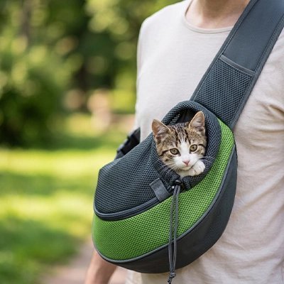 sac de transport chat homme portant l'écharpe verte confort
