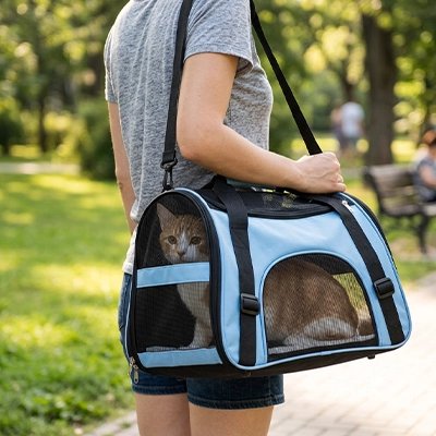 Sac de transport pour Chat, modèle bleu porté épaule au par

