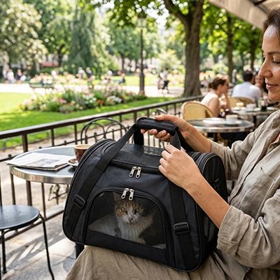 Sac de transport pour Chat modèle noir sur genoux en terrasse

