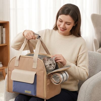 Sac de transport pour chat avec ouverture sécurisée et lavable.