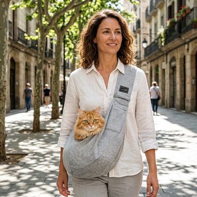 Sac de transport pour chat bandoulière avec félin roux.