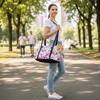 Sac de transport chat bandoulière motifs cœurs roses dans un parc.