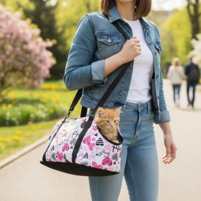 Sac de transport pour chat blanc imprimé cœurs roses et sangle noire.  