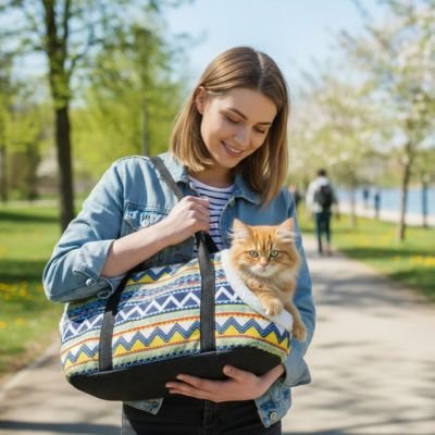 sac de transport pour chat ethnique chat confortablement installé dedans

