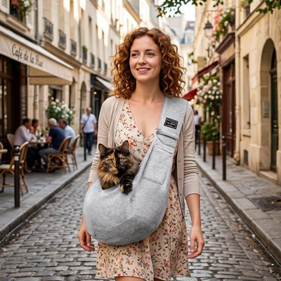 Sac de transport pour chat gris chiné en rue pavée.