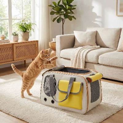 Sac de transport pour chat jaune en mesh aéré sur canapé
