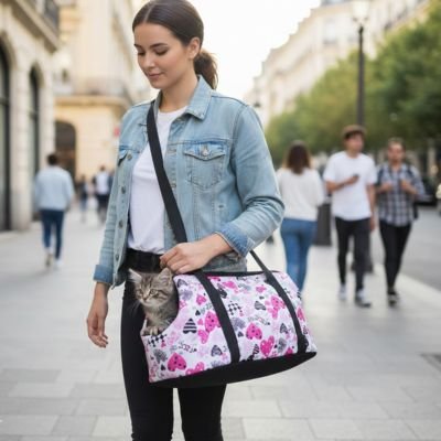 Sac de transport pour chat motifs cœurs roses avec un chaton gris.