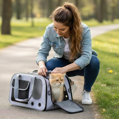 Sac de transport pour chat noir avec chat roux sortant

